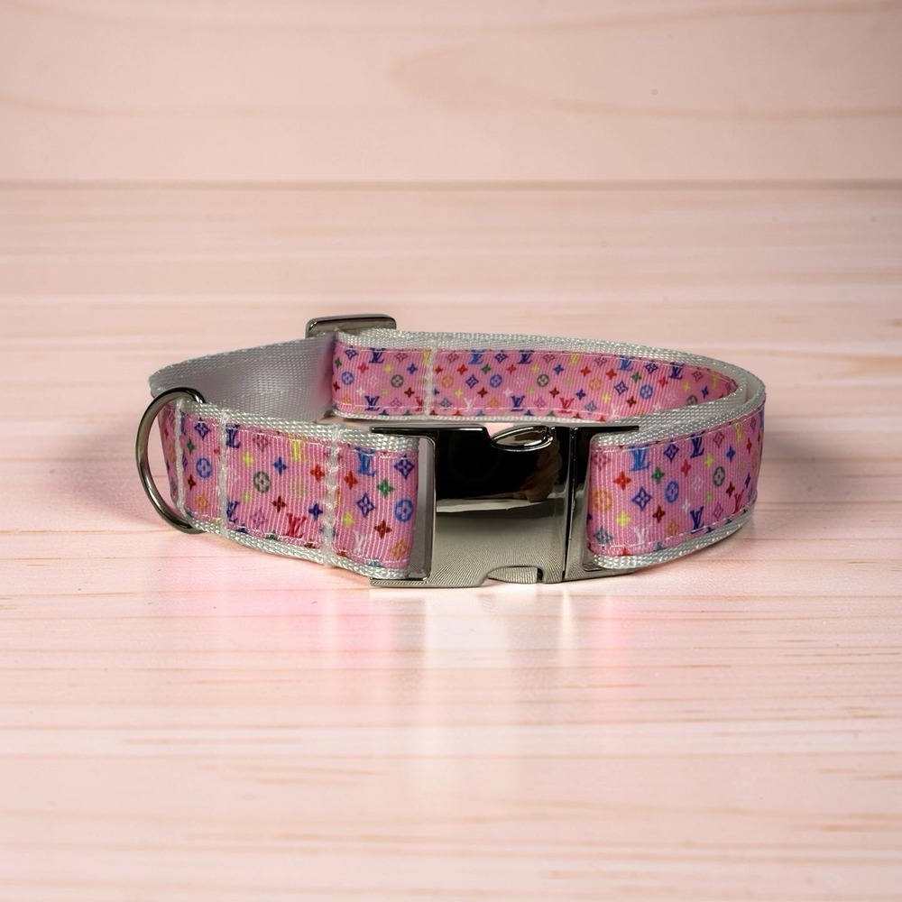 Luxury LV Dog Collar, Size L Colorful,, 1" Wide, Great Quality, Pink 14"-23"